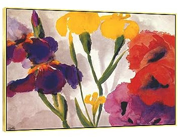 Berühmte Wandkunst-Gemälde-Reproduktion: Schwertlilien und Mohnblumen. Emil Nolde Kunstwerk Poster. Druck auf Leinwand. Dekobild für Wohnzimmer. Fertig zum Aufhängen, 90x125 cm großer goldener Rahmen