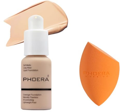 ABRUS® - Phoera Foundation Makeup, Full Coverage, Soft Matte Oil Control Concealer, Liquid Foundation, Long Lasting 24HR Waterproof and Blendable 30ml (102 Nude & Makeup Sponge)
