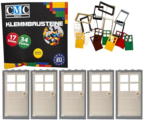 CMC imports 5 x Klemmbausteine Türen Türrahmen + Türblatt 1 x 4 x 6 Noppen City Gebäude Stadt 60596 (Hellgrau - Weiß)