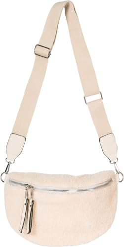 styleBREAKER Damen Teddyfell Halbmond Crossbody Schultertaschen Einfarbig, verstellbarer Schultergurt 02012403, Farbe:Beige