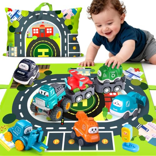 lerrbo 6 véhicules Avec remorque, Carte et Feux de Circulation Jaunes, Tapis de Jeu et Sac de Rangement, Jouets Pour bébé de 1 à 2 Ans et 3 Ans, Cadeau d'anniversaire Pour garçon de 1 à 2 Ans.