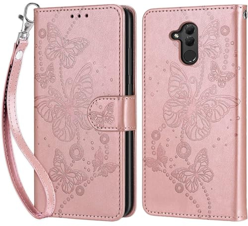 Custodia per Huawei Mate 20 lite Cover, Oro rosa Farfalla | Portafoglio in Pelle PU Retro, Antiurto Flip, Slot per Schede, Funzione Stand, Chiusura Magnetica