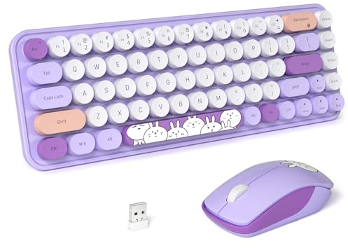 FOPETT Wireless Keyboard and Mouse Cute Mouse and Keyboard 2.4G Wireless Keyboards with Colorful 68 Keys Typewriter Retro Round Keycap for PC, Laptop,Tablet,Computer Windows - Purple Colorful