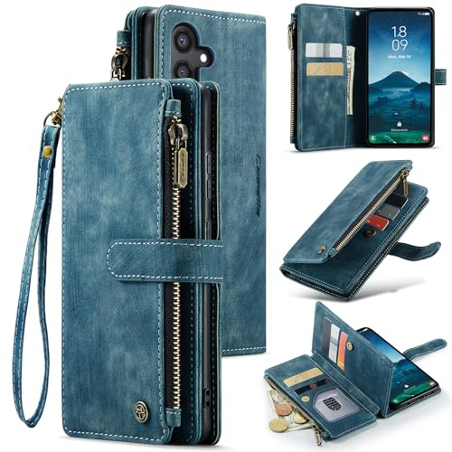 UEEBAI Hülle für Samsung Galaxy S24 5G, Premium PU Lederhülle, Blau | Retro Reißverschluss Hülle Weiche Klapphülle Magnetverschluss Kartenfach Standfunktion Geldbörse mit Trageband Schutzhülle