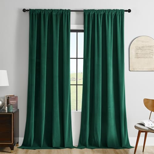 Joydeco Samtvorhänge Blickdicht Dunkelgrün 280x132 HxB 2er Set Verdunklungsvorhänge Thermo Vorhang Kälteschutz Schlafzimmer Gardinen Wohnzimmer