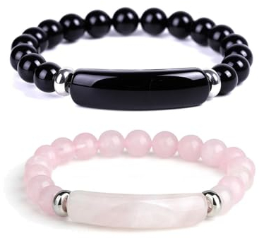 Pheromone Bracelet, Rose Quartz Pheromone Bracelet, Handmade Good Luck Energy Chakra Stone Beaded Bangle for Women and Men (2PCS-D)