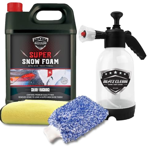Snow Foam Plus 2L Pump up Snow Cannon Full Kit Inc Mitt & Drying Cloth Wash Detailing Valeting Kit For Car Van Caravan 5L Super Thick Pre Wash Pressurised Snow Cannon Lance (Cherry)