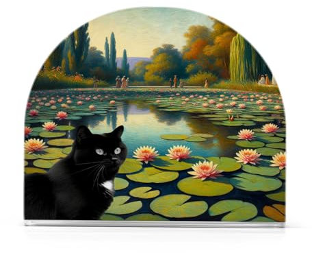 Serviettenhalter für Tisch, Seerosen mit schwarzer Katze, Acryl, Bauernhaus, Serviettenhalter, dekorativer Cocktail-Serviettenhalter für Abendessen, Zuhause, Küche, Restaurant, Picknick, 1 Stück