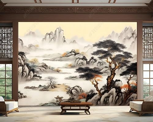 Fototapete Berge Flüsse Kiefern Wolken Und Nebel Tuschemalerei 350X256 Cm Vlies Tapeten Xxl Moderne Wandtapete Wohnzimmer Schlafzimmer