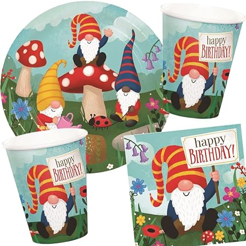 Carpeta 33-TLG Party-Set * WALDWICHTEL & Zwerge * für 8 Gäste mit Teller + Becher + Servietten + Luftballons | Happy Birthday Wichtel Gnomes Fliegenpilz Party Geburtstag Deko