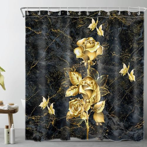LB Goldener Blumenduft Duschvorhang 180x200cm(BxH) Blume mit Schmetterling Antischimmel Wasserdicht Badezimmer Vorhänge, Schwarzgrauer Marmor Extra Lange Polyester Stoff Bad Vorhang mit Haken