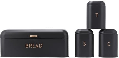 Salter Pebble 4-Piece Countertop Set - Includes Bread Bin, Tea, Sugar, Coffee Canisters, Storage Containers, Brass Effect Lettering, Durable Powder Coated Steel, Easy to Clean, Storage Jars, Charcoal