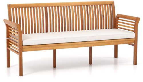 Giantex Gartenbank für 3 Personen, Gartenbank aus Akazienholz mit gebogenen Armlehnen und abnehmbarem Sitzkissen, Außenbank mit Latten, 159 x 59 x 77 cm