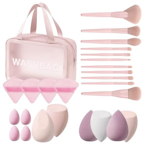 Houpette maquillage (x25Pcs) avec pinceaux | Éponges applicatrices pour visage, poudre, fond de teint et contouring | kit complet makeup lavable avec accessoires pour femme