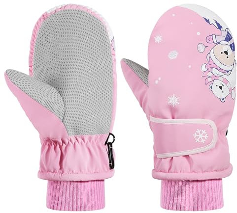 MoKo Guantes de Esquí para Niños, Guantes de Nieve Impermeables Invierno para 2-4 Años Niñas Resistente al Viento, Mitones Térmicos para Clima Frío Ciclismo, Deporte al Aire Libre, S, Rosa Rosado/Oso