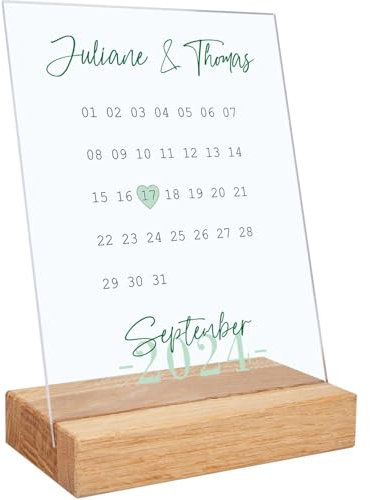 GRAVURZEILE personalisiertes Acrylglas - Kalender mit Jahrestag - 20x15cm - Valentinstagsgeschenk für Ihn und Sie - personalisierte Geschenke zum Valentinstag - Geschenkideen für Paare - Grün