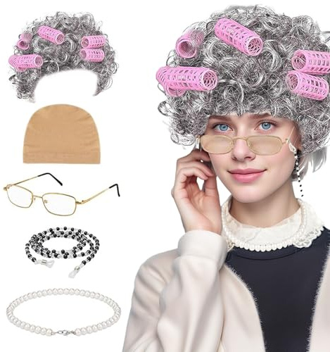 Oma Kostüm Set Oma Perücke Grau Oma Kostüm Alte Frau Kostümzubehör 5-teiliges Set Oma Perücke, Perückenbezug, Gläser, Brillenkette, Perlenkette für Cosplay, Karneval