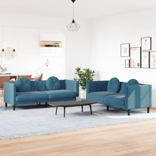 Juroupi 2-TLG. Sofagarnitur mit Kissen Sofa Wohnzimmer Sitzgruppe Wohnzimmer Sofa Set Sofas FüR Wohnzimmer Blau Samt - 3209265