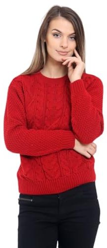 MyShoeStore Ladies Knitted Cable Knit Jumpers Womens Crew Neck Casual Lightweight Fisherman Baggy Oversize Chunky Vintage Long Sleeve Pullover Warm Winter Sweaters Tops (Red, S/M)