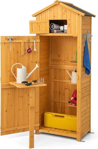 FANTASK Gartenschrank Holz mit klappbarem Tisch & Tür, Gerätehaus wetterfest, Geräteschuppen mit 8 Haken, Holzschuppen mit Satteldach, Geräteschrank Gartenschuppen