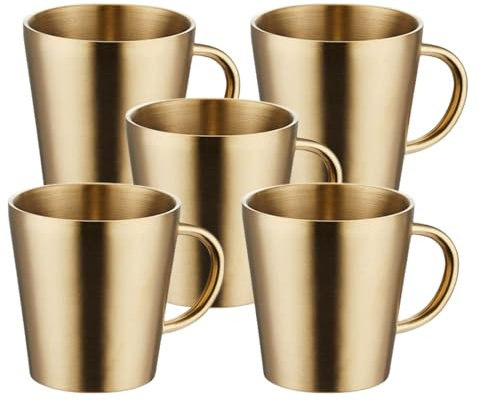 PKRANZYHKAL Tasse Inox Mug Café Double Paroi | Gobelet Inox Moderne | Tasse Escalade en Métal | Idéal pour Boissons Chaudes et Froides,RECTILINEAR,HANDLE,GOLDEN,260ml,Set of 5