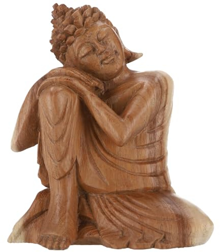Sitzender Buddha Statue, Holzbuddha, Handarbeit, Deko 22 cm, Design 6/hell | Handgeschnitzter Buddha aus Suarwood, einzigartig, für Meditation und Erleuchtung, stilvolle Deko für jedes Zuhause.