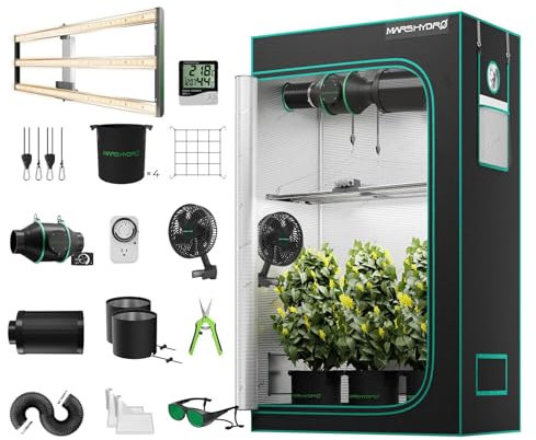 MARS HYDRO Growzelt Komplettset mit FC4000 Samsung LM301H App-Regelung Dimmbarer LED Grow Lampe,120X60X180cm 1680D Hoch Reflektierend Mylar Grow Box Komplettset,4 Effizientes Belüftungssatz