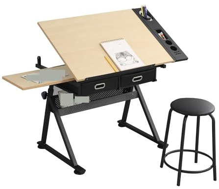 RMTSWQPOK Kompatibel mit verstellbarem Holz-Zeichentisch mit 2 Schubladen und Hocker für Zuhause und Schule