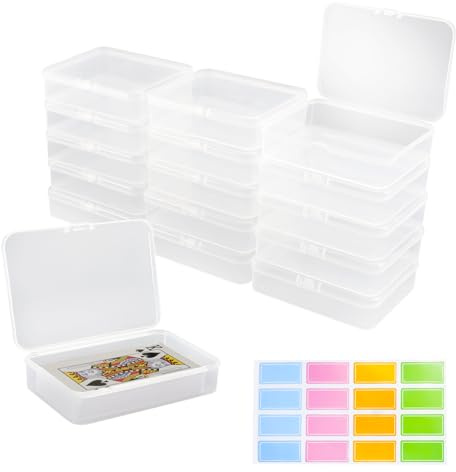 X-BLTU 16 Stück Spielkarten Box mit Deckel, Aufbewahrungsbox Kartenbox | Kunststoff Spielkarten Etui 10.5x7.5x2.5cm, Leere, mit Aufkleber, Klar Karten Aufbewahrung Organisator für Kartenspiel Perlen