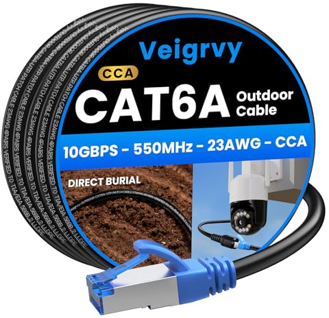 Veigrvy Cat 6A Outdoor Ethernet Cable 20M, 23AWG 10Gbps LAN Internet Black | Direct Burial Water Resistant LLDPE UV Jacket, High Speed Gigabit Network, CCA, UTP, 550MHz with 20 Ties