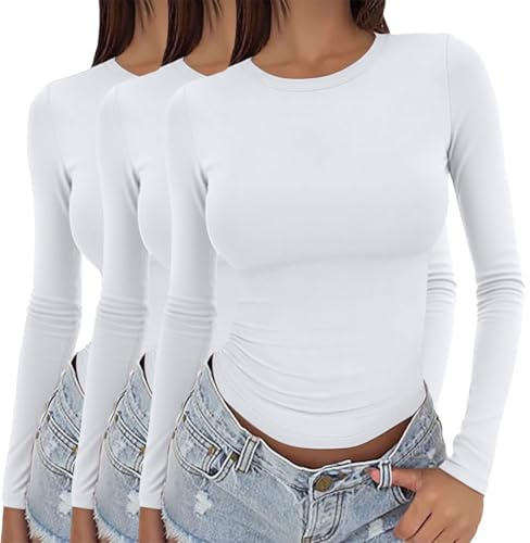 Damen 3er-Pack Langarm-T-Shirts Y2K Slim Fit Stretch Rundhalsausschnitt Basic Layering Tops Casual Yoga Sport Wear A02