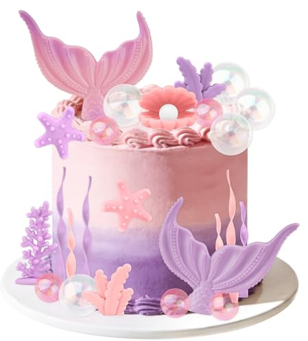 24pcs Mermaid Cake Topper, Mermaid Tail Cake Decorations with Seaweed Shells Starfish Coral, Under the Sea Cupcake Decor Set for Girls Birthday Party (Pink-Purple)