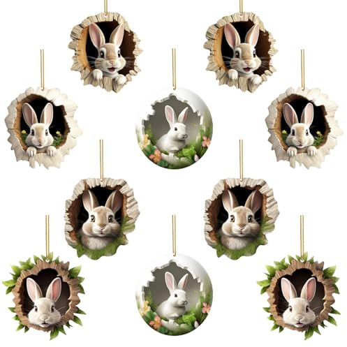 ZXTGBQ 10 Stück Ostern Kaninchen Ornamente 2D Acryl Kaninchen Deko Anhänger Ostern Baumschmuck Religiöse Ornamente Anhänger für Deko und Geschenk