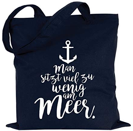JUNIWORDS Jutebeutel, Wähle ein Motiv & Farbe, Man sitzt viel zu wenig am Meer (Beutel: Marine Blau, Text: Weiß)