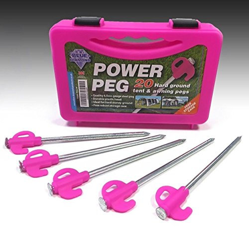 20 x Blue Diamond Tent Awning Camping Heavy Duty Power Peg Hard Ground Pegs - PINK (Storage Case Included)