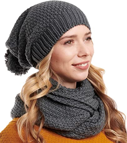 Hilltop Winter Kombi 2er Set aus Winter Schal und passender Strickmütze, Winter Set:Dunkelgrau