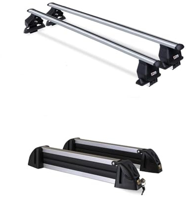 VDP Barres de toit Menabo Tema + porte-skis / porte-snowboard / support de ski en aluminium 4 paires de skis compatibles avec Toyota Rav4 (SUV/break 5 portes) à partir de 2013