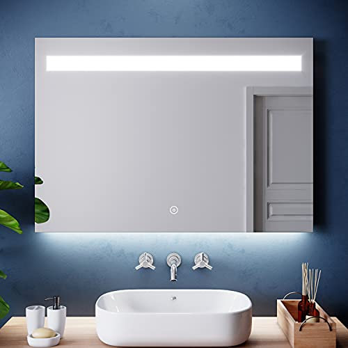 SIRHONA Miroir de Salle de Bain 100x70 cm Miroir LED avec Interrupteur Tactile Anti-buée éclairage intégré Blanc Froid