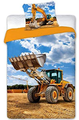 Bettwäsche Bettgarnitur 2 TLG. Set Bulldozer Baggerlader 140x200 + Kissenbezug Bettbezug Gelb Bagger Beige Blau 100% Baumwolle Öko-Tex