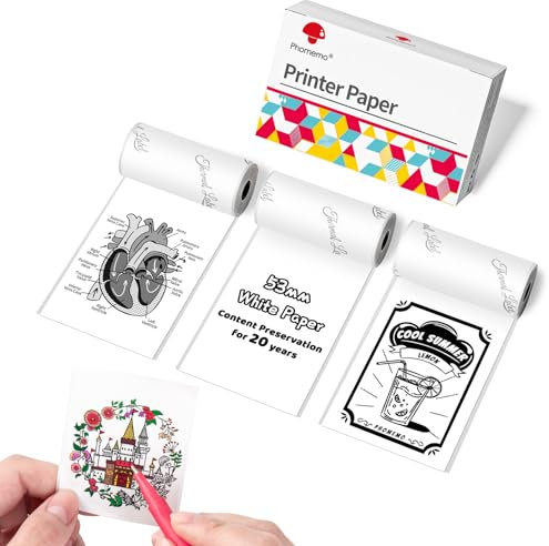 Phomemo White Selbstklebendes Thermopapier für Phomemo T02, M02, M02S, M02PRO, M03, M03AS, M04S, M04AS Mini Drucker für Smartphones, Lagerzeit 20 Jahre, 50 mm x 3,5 m, 3 Rollen