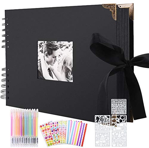 Album de Fotos Scrapbook Espiral, 80 Páginas Negras con 2 Pcs Photo Corners, 6 Pegatinas, 5 Plantillas, 12 Rotuladores de Colores, para Boda, Aniversario, Cumpleaños, Navidad