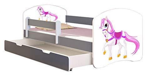 ACMA Kinderbett Jugendbett mit Einer Schublade und Matratze Grau mit Rausfallschutz Lattenrost II (43 Kleines Pferd, 180x80 + Bettkasten)
