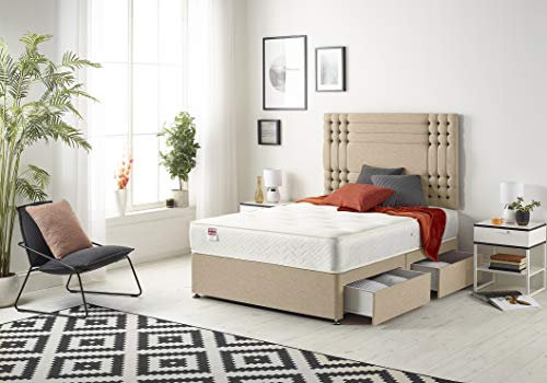 Bed Centre Flexby Diwan-Bett-Set mit Federkernmatratze aus Memory-Schaum, 2 Schubladen mit Kopfteil, erhältlich in verschiedenen Stoffen und Farben, 90 cm, 122 cm, 152 cm, 152 cm und 180 cm (140 cm