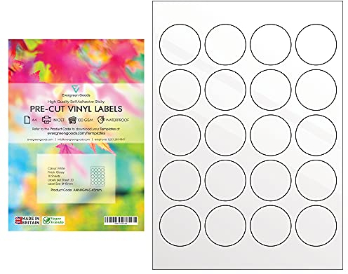 Evergreen Goods A4 Wasserfest Glänzend Weiß Rund Bedruckbares Vinyl Aufkleber Etiketten | Tintenstrahl bedruckbare kreisförmige klebeetiketten | 45 mm (20 Etiketten pro Blatt,200 insgesamt) 10 Blatt
