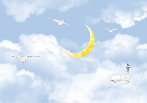 Wesmilewallpaper Papier Peint Panoramique 3D Ciel Bleu Et Nuages ​​Blancs Lune Dorée Paysage Naturel Papiers Peints Intissé Poster Mural Tapisserie Murales 400x280cm