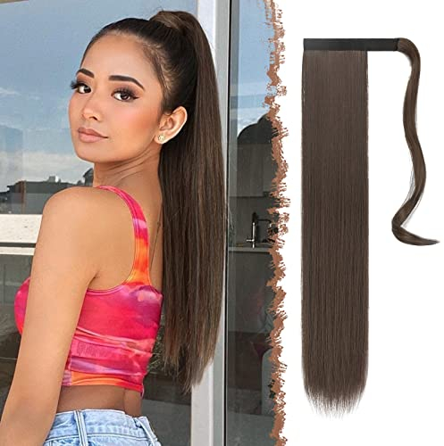 FESHFEN Lang Glattes Pferdeschwanz Haarteil Synthetik Haarverlängerung Zopf Haar Extension für Damen Mädchen, Mittleres Kastanienbraun 70 cm