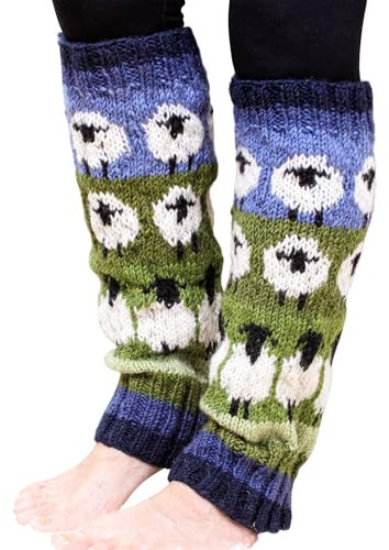 Pachamama Women 100% Wool Legwarmer Handknitted Flock of Sheep Design Blue Multicoloured Regular Fit Handmade Extra Warm