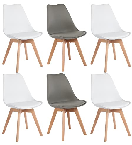 EGGREE 6er Set Esszimmerstühle mit Massivholz Buche Bein SGS Geprüfter Skandinavisch Design Gepolsterter Stuhl Küchenstuhl Holz, 4 Weiß + 2 Grün