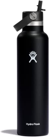 HYDRO FLASK - Trinkflasche 709ml (24oz) mit Flex Straw Deckel - Vakuumisolierte, Wiederverwendbare Flasche aus Edelstahl - Auslaufsicherer Deckel - Heiß & Kalt - Standard Mouth, BPA-frei - Black