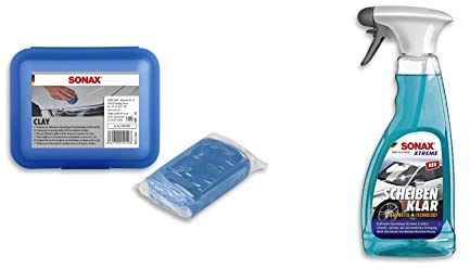 SONAX Clay (100 g) hochwertige und langlebige Knetmasse & XTREME ScheibenKlar - Pure Water Technology (500 ml) besonders kraftvoller Reiniger für eine besser benetzte Glasoberfläche | Art-Nr. 02382410
